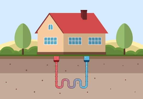 illustration of a house with the ground showing underneath where a geothermal system is installed and is working to heat the house